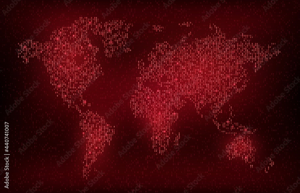Fototapete Digital binary code vector world map, cyber digital and future technology background. Futuristic Earth globe map with red glowing 1 and 0 numbers, abstract neon continents with data stream patterns