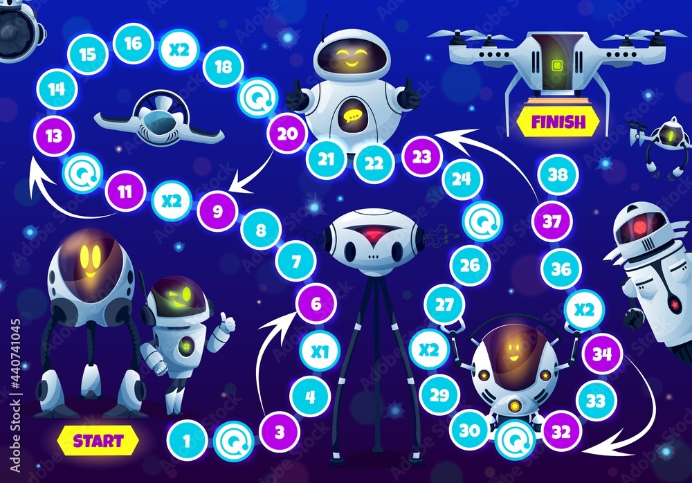 Poster kids game with robots and droids, vector step boardgame with block path, numbers, start, finish and 