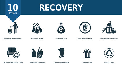 Recovery icon set. Contains editable icons recycling theme such as dispose of rubbish, garbage bag, oversized garbage and more.