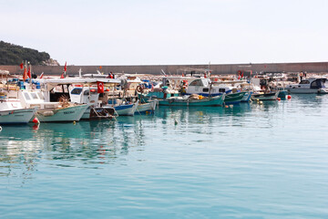 Antalya, Turkey, May 23, 2021. Pleasure boats and yachts in the blue sea.