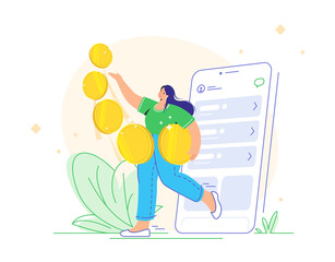 Young woman carrying five golden coins from app and enjoying profits as an investor. Flat vector illustration of people who use banking and stock exchange apps for investing online. Isolated on white