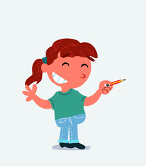 Fototapeta premium cartoon character of little girl on jeans says something funny while pointing to the side with a pencil.