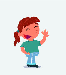 cartoon character of little girl on jeans waving informally while smiling