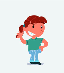 cartoon character of little girl on jeans waving while smiling.
