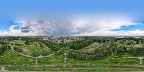 Full aerial view panorama 360 degrees of Kyiv city, Grishka Botanical Garden.