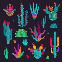 Cartoon mexican cactus, vector cacti in colorful doodle style isolated on background. Desert cactus plants with spikes and flowers, tropical flora elements for mexican greeting cards © Vector Tradition