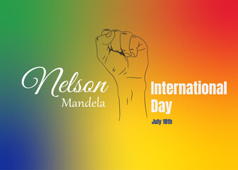 Nelson Mandela International Day
July 18. 18 July.tracing of a raised fist, the background of the colors of the African flag, green, blue, red, yellow. - obrazy, fototapety, plakaty