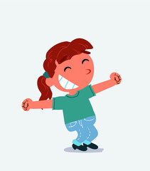 Euphoric little girl on jeans in funny cartoon character.