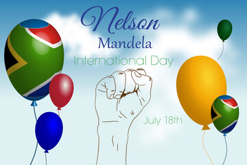 Nelson Mandela International Day
July 18. tracing of a raised fist, on a sky with clouds and balloons with the flag of Africa and others with its green, blue, red and yellow colors. - obrazy, fototapety, plakaty