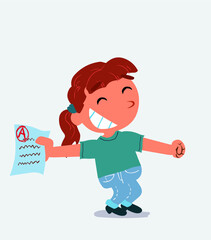  happy cartoon character of little girl on jeans rejoices with exam in hand