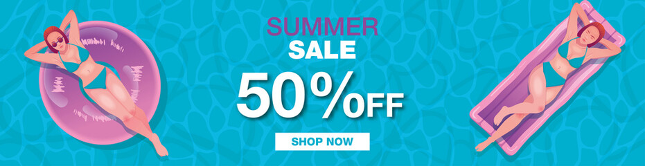 Paper Style. Summer Sale Banner template design with women on inflatable mattress illustration for digital marketing promotion.