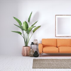 Bohemian design modern interior with Cozy Couch, White Planks Floors and House Plants. Empty Frame Mockup, Art and Print Mockup.
