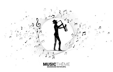 Vector music melody note flow with man and saxophone. Concept background for jazz song and concert theme.