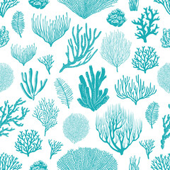 Sea corals, sponges and seaweed seamless pattern. Marine life background, ocean bottom species, aquarium animals and plants, underwater flora and fauna backdrop, textile decoration - obrazy, fototapety, plakaty
