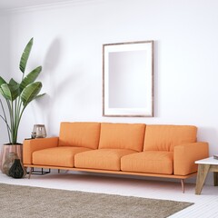 Bohemian design modern interior with Cozy Couch, White Planks Floors and House Plants. Empty Frame Mockup, Art and Print Mockup.