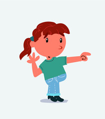 Surprised cartoon character of little girl on jeans points to something to his side.