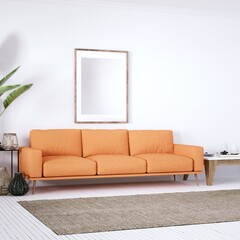 Bohemian design modern interior with Cozy Couch, White Planks Floors and House Plants. Empty Frame Mockup, Art and Print Mockup.