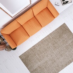 Bohemian design modern interior with Cozy Couch, White Planks Floors and House Plants. Empty Frame Mockup, Art and Print Mockup.