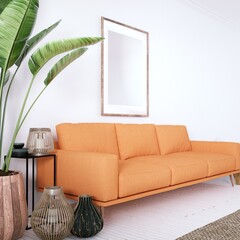 Bohemian design modern interior with Cozy Couch, White Planks Floors and House Plants. Empty Frame Mockup, Art and Print Mockup.