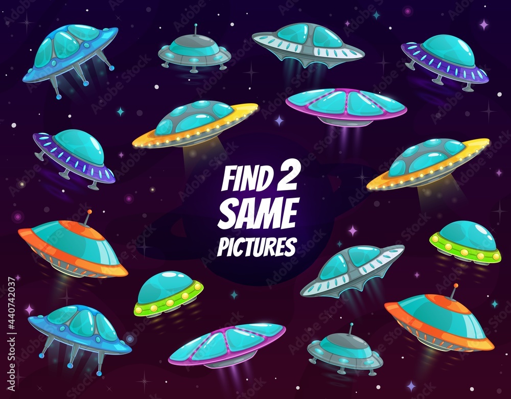 Poster find two same spaceships in space vector kids game, riddle with ufo saucers in galaxy. children logi