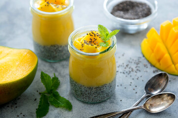 Chia pudding with mango puree and fresh mango fruit. Homemade healthy desssert