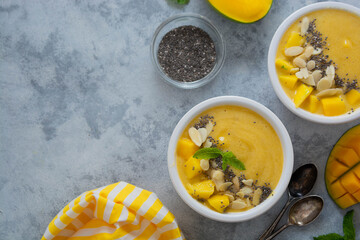 Healthy food. Mango smoothie bowl with chia seeds. Clean eating concept