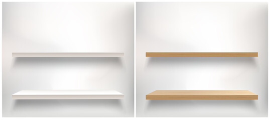 Vector collection of empty shelves. Vector mockup with white and brown wooden shelves. Light and brick wall  - 440742283