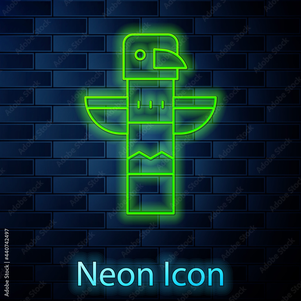 Sticker Glowing neon line Canadian totem pole icon isolated on brick wall background. Vector