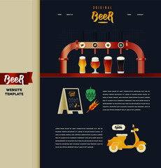 Landing Page Design Template. Modern Flat Vector Concept Illustrations. Beer Tower. Beer Set. Pavement Stand. Hop and Wheat. Scooter. Open Sign.