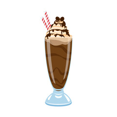 Chocolate milkshake with cocoa topping and whipped cream vector. Ice coffee drink with chocolate icing vector. Glass of milkshake icon isolated on a white background