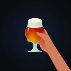 Hand Hold Glass of Beer on Dark Background. Modern Vector Illustration. Social Media Ads.