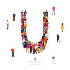 A large group of people is standing in colored clothes in the shape of the letter U. The concept of the human alphabet. © chekart