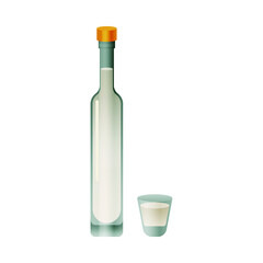 Bottle and Glass with Liquid on White Background. Modern Vector Illustration. Social Media Ads.