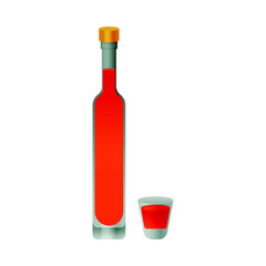 Bottle and Glass with Red Liquid on White Background. Modern Vector Illustration. Social Media Ads.