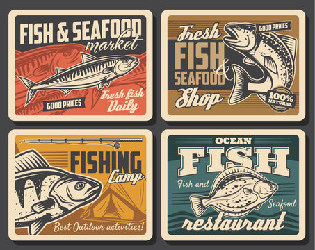 Fish and seafood, fishing sport vector design. Salmon, tuna and flounder, bass and mackerel, fisherman catch retro posters with fishing rod, spinning reel, lure and bait, camp tent and water wave