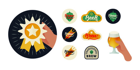 Quality Badge. Kinds of Beer Badges. Hand Hold Glass of Beer. Modern Vector Illustration. Social Media Ads. 