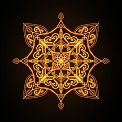 Abstract background with gold shining floral ornamental mandala on black backdrop 