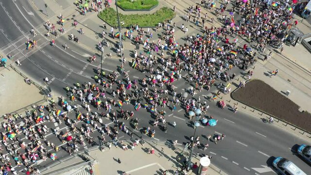 Equality parade, pride march. Celebration of LGBT people and protests against homophobia, aerial view, Warsaw, Poland