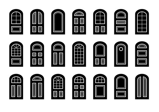 Entry wooden arch doors. Interior and exterior architecture elements. Front and back doors. Flat icon collection