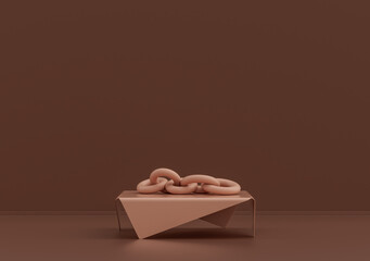 Single coffee table with big chains in rosy brown room, monochrome single color, 3d Rendering