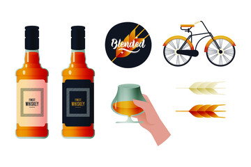 Kinds of Bottles with Labels. Blended Badge. Lettering Composition with Decorative Elements. Hand Hold Glass with Liquid. Vintage Bicycle. Malt. Modern Vector Illustration. Social Media Ads.