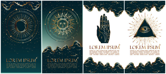 Collection of mysterious vector illustrations in gold colour for stories templates, mobile app, landing page, web design. Occult magic background for astrology, divination, tarot concept.  - obrazy, fototapety, plakaty
