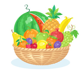 Fruit basket. Watermelon, pear, tangerine, strawberry, banana, apple, raspberry, persimmon, pineapple, orange, cherry, grape, plum, pomegranate, lemon. Isolated on white. Vector illustration.