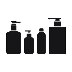 Collection of cosmetic plastic bottles isolated on white background. Icon. Black fill. Flat.