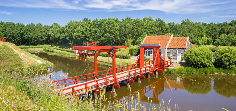 Panorama of the historic house and bridge in Bourtange