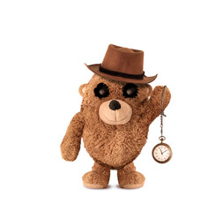 The plush bear is waving an antique pocket watch. Fedora. Photo manipulation. Cute plush bear. 3D drawing. Plush bear character design. White background.