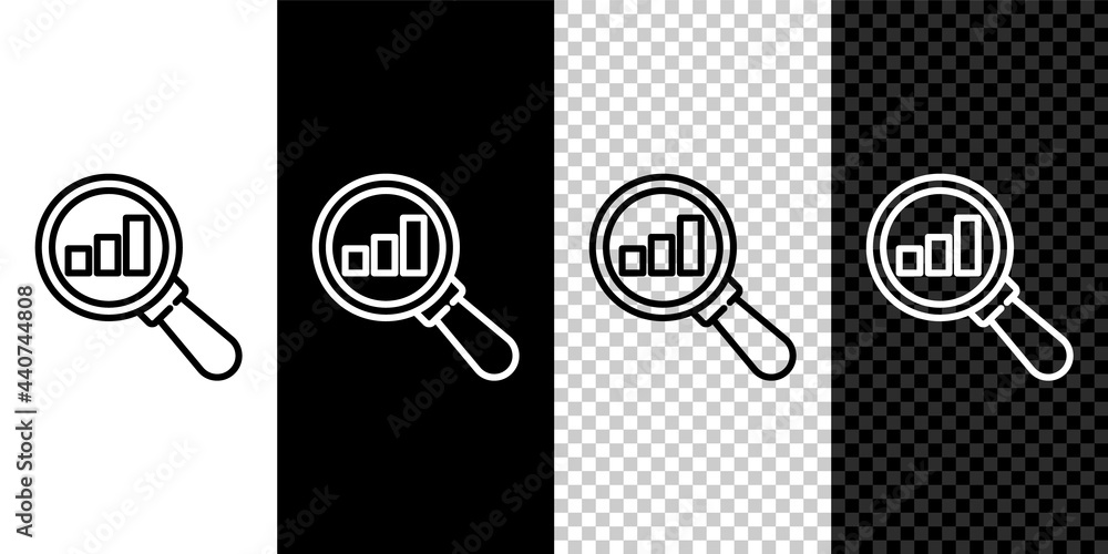 Poster set line magnifying glass and data analysis icon isolated on black and white background. vector