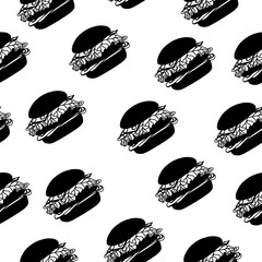 Black and white silhouette of a burger on a white background.Vector illustration,doodle, burger icon.Can be used in menus, food packages.