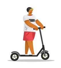 Young boy in a helmet rides a scooter. Banner concept is about using electric transport to deliver goods around the city. Rental of scooters. Summer eco-friendly hobby. Cartoon vector illustration