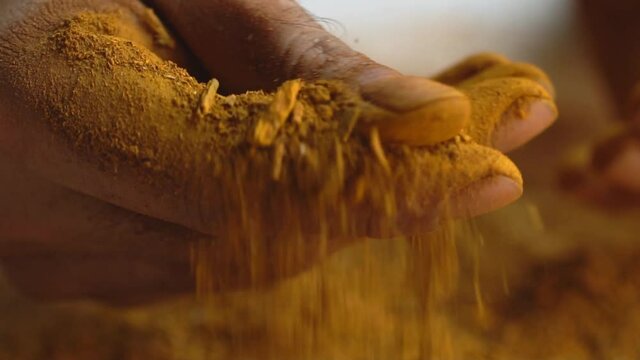 Macro Shot Of Hands During Process Of Creating Madder Powder From Plant Roots